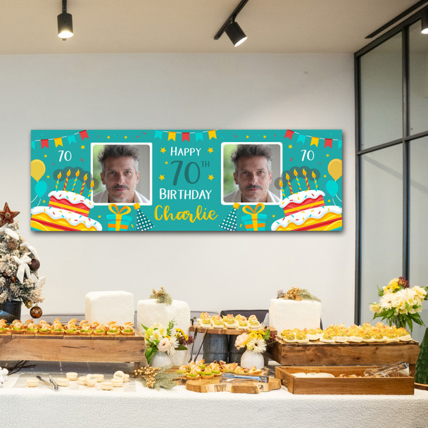 Personalised Party Banner For 70th Birthday With Photo Male Turquoise Cake