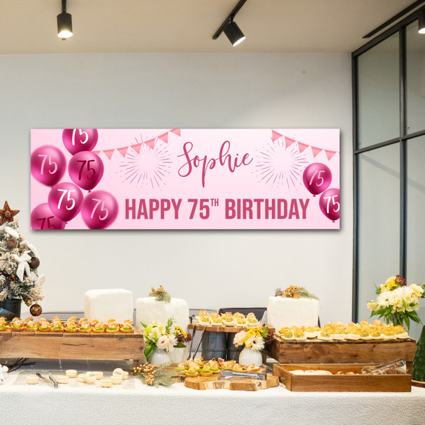 Personalised Party Banner For 75th Birthday Female Pink Balloon Star