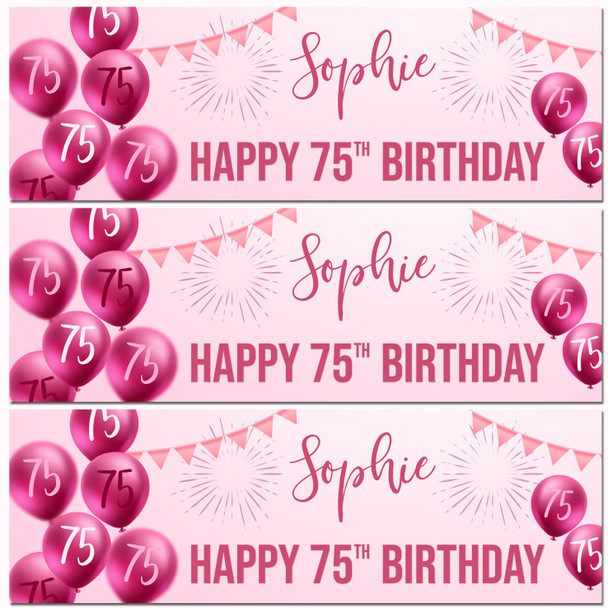 Personalised Party Banner For 75th Birthday Female Pink Balloon Star