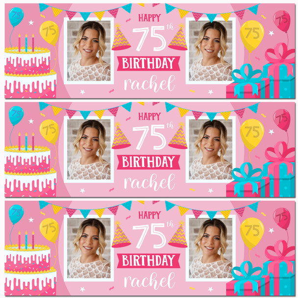 Personalised Party Banner For 75th Birthday With Photo Female Pink Cake Gift