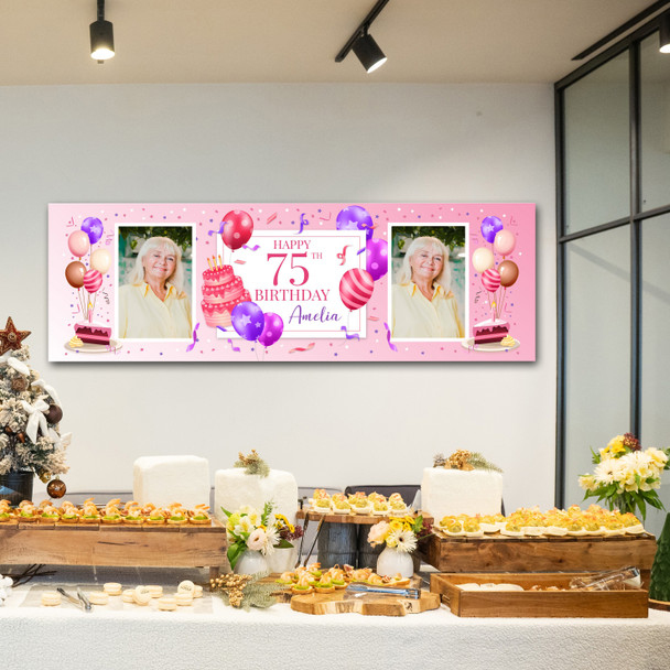 Personalised Party Banner For 75th Birthday With Photo Female Pink Cake