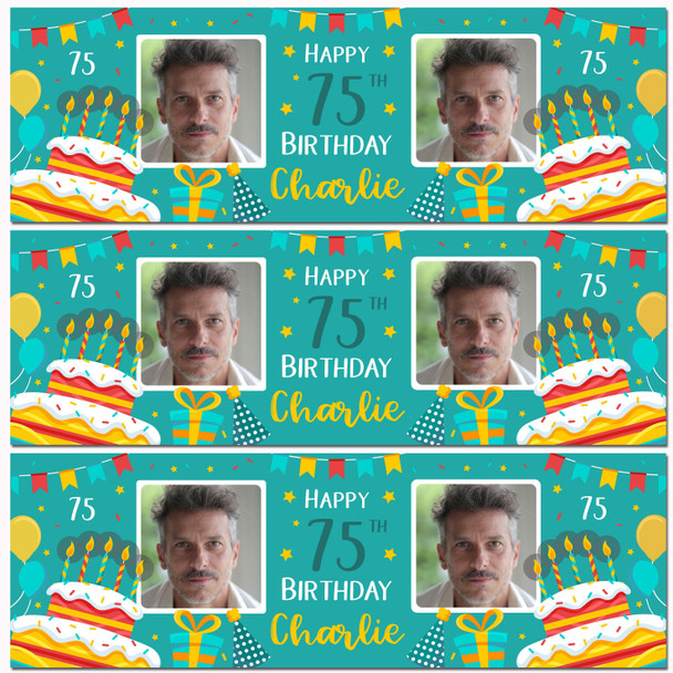 Personalised Party Banner For 75th Birthday With Photo Male Turquoise Cake