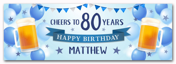 Personalised Party Banner For 80th Birthday Male Beer Blue Balloons
