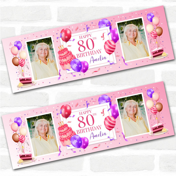 Personalised Party Banner For 80th Birthday With Photo Female Pink Cake