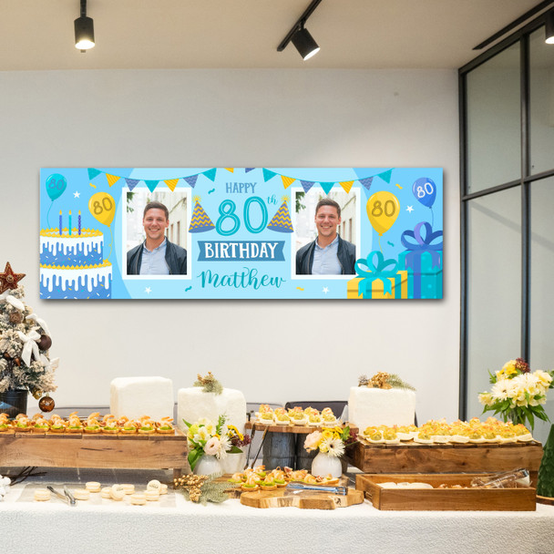 Personalised Party Banner For 80th Birthday With Photo Male Blue Cake Gift