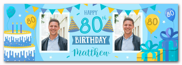 Personalised Party Banner For 80th Birthday With Photo Male Blue Cake Gift