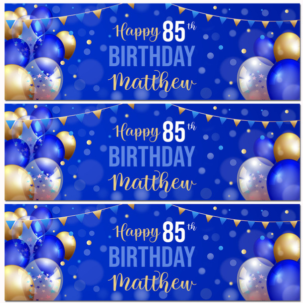 Personalised Party Banner For 85th Birthday Male Blue Gold Balloons