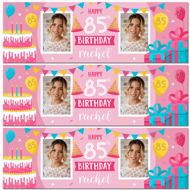 Personalised Party Banner For 85th Birthday With Photo Female Pink Cake Gift