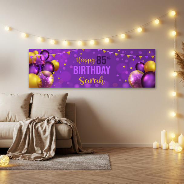 Personalised Party Banner For 85th Birthday Purple Gold Balloons
