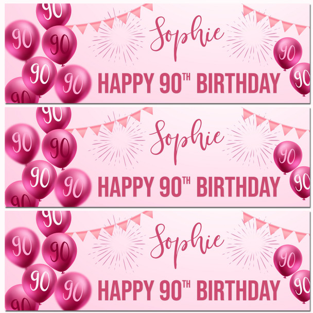 Personalised Party Banner For 90th Birthday Female Pink Balloon Star