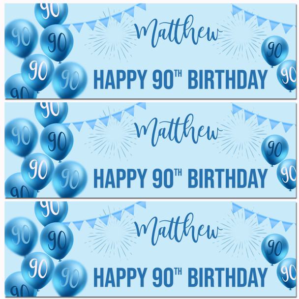 Personalised Party Banner For 90th Birthday Male Blue Balloon Star