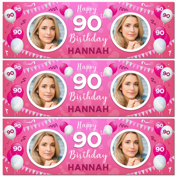 Personalised Party Banner For 90th Birthday With Photo Female Pink Balloons