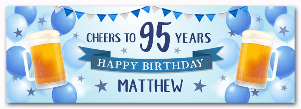 Personalised Party Banner For 95th Birthday Male Beer Blue Balloons