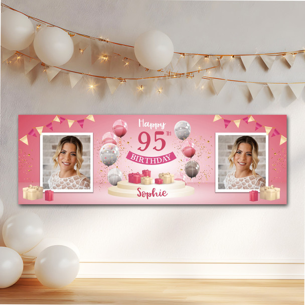 Personalised Party Banner For 95th Birthday With Photo Female Pink Balloon Gift