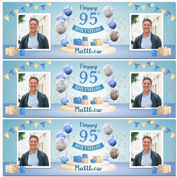 Personalised Party Banner For 95th Birthday With Photo Male Blue Balloon Gift