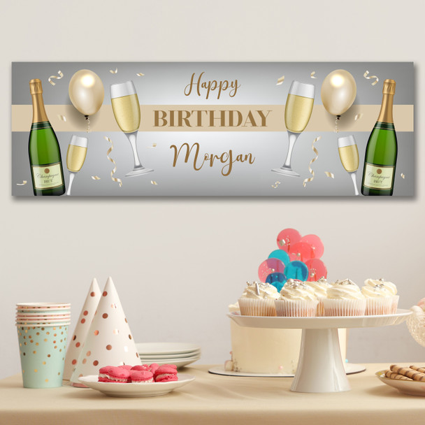 Personalised Party Banner For Birthday Champagne Gold Balloons
