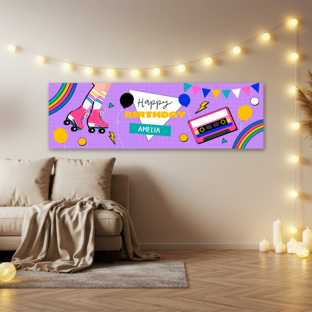 Personalised Party Banner For Birthday Female 1980's Theme Purple