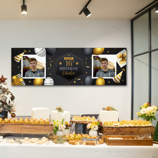 Personalised Party Banner For 16th Birthday With Photo Male Gold Black Balloons