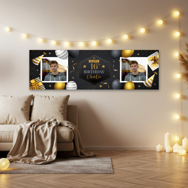 Personalised Party Banner For 16th Birthday With Photo Male Gold Black Balloons