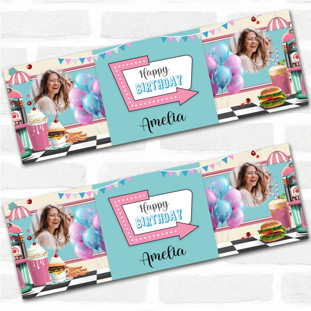 Personalised Party Banner For Birthday With Photo 1950's Diner Pink Blue
