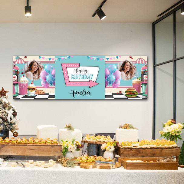 Personalised Party Banner For Birthday With Photo 1950's Diner Pink Blue