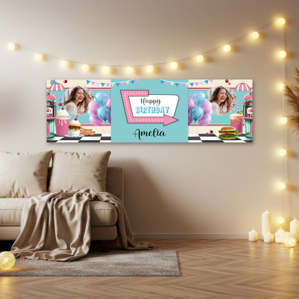 Personalised Party Banner For Birthday With Photo 1950's Diner Pink Blue