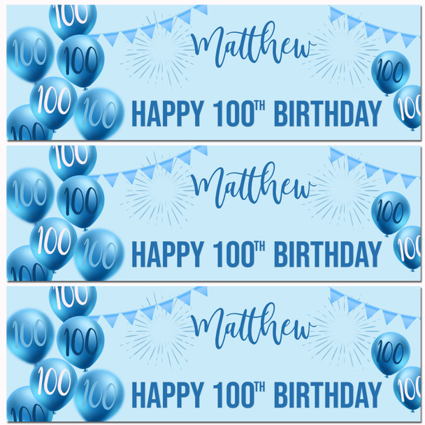Personalised Party Banner For 100th Birthday Male Blue Balloon Star