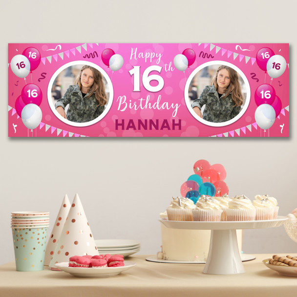 Personalised Party Banner For 16th Birthday With Photo Female Pink Balloons