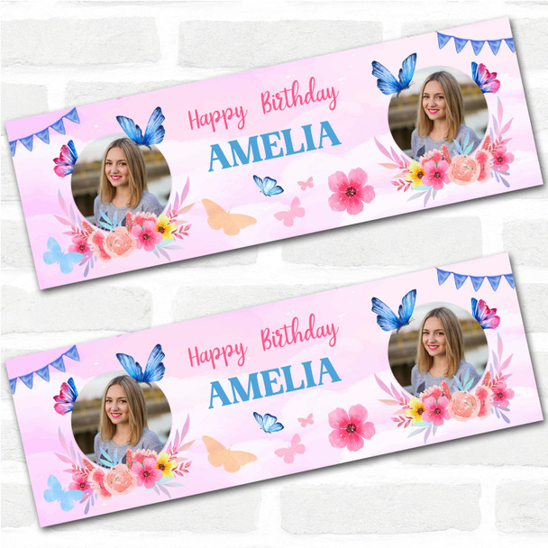 Personalised Party Banner For Birthday Photo Female Butterfly Purple Flowers