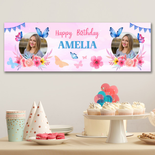 Personalised Party Banner For Birthday Photo Female Butterfly Purple Flowers