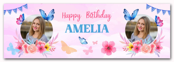 Personalised Party Banner For Birthday Photo Female Butterfly Purple Flowers