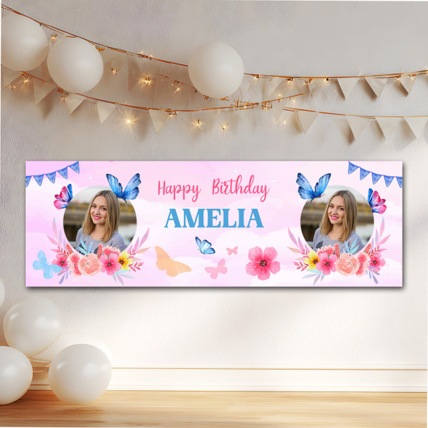 Personalised Party Banner For Birthday Photo Female Butterfly Purple Flowers