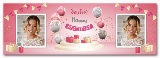 Personalised Party Banner For Birthday With Photo Female Pink Balloon Gift