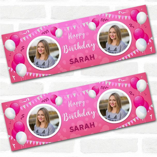 Personalised Party Banner For Birthday With Photo Female Pink Balloons