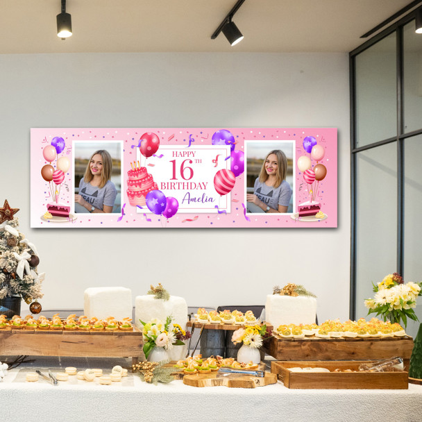 Personalised Party Banner For 16th Birthday With Photo Female Pink Cake