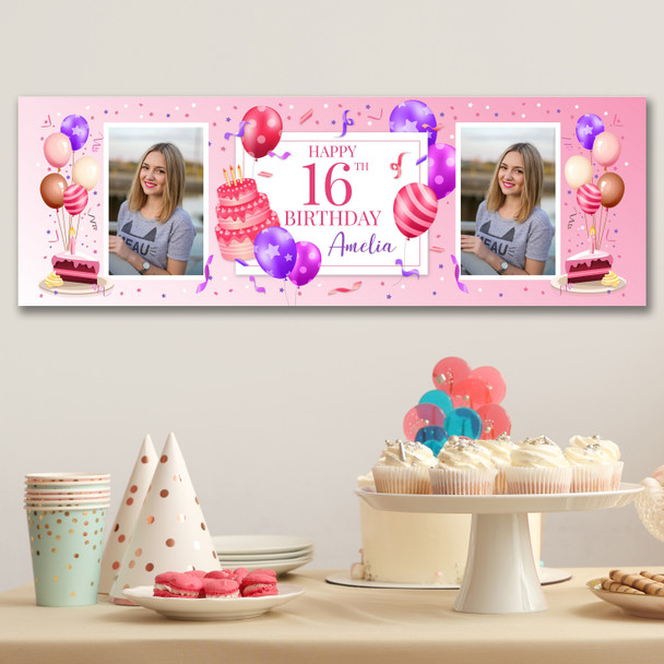 Personalised Party Banner For 16th Birthday With Photo Female Pink Cake