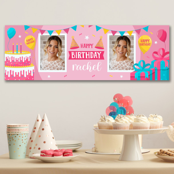 Personalised Party Banner For Birthday With Photo Female Pink Cake Gift