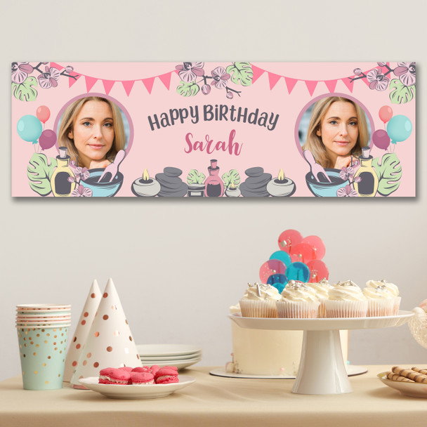 Personalised Party Banner For Birthday With Photo Female Spa Pamper Bunting Pink