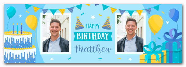 Personalised Party Banner For Birthday With Photo Male Blue Cake Gift