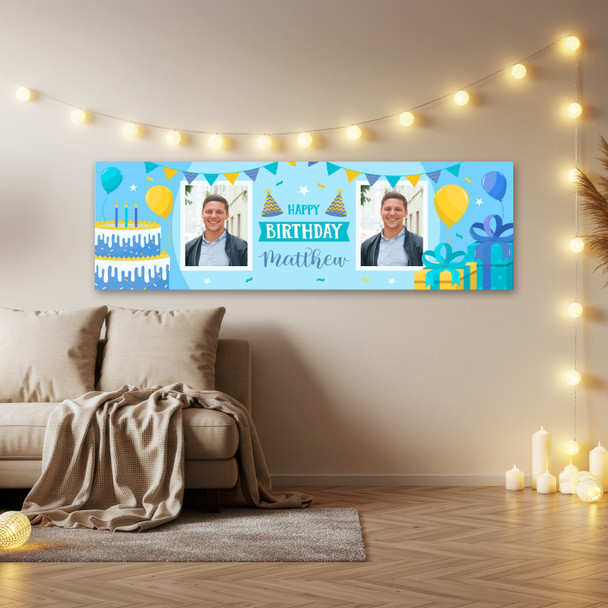 Personalised Party Banner For Birthday With Photo Male Blue Cake Gift
