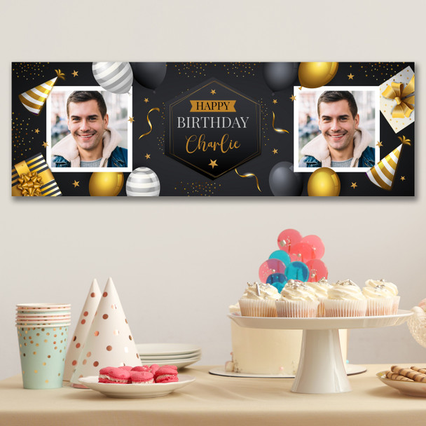 Personalised Party Banner For Birthday With Photo Male Gold Black Balloons