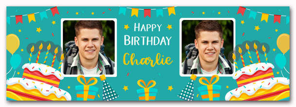Personalised Party Banner For Birthday With Photo Male Turquoise Cake