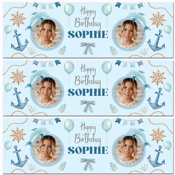 Personalised Party Banner For Birthday With Photo Nautical Sea Blue