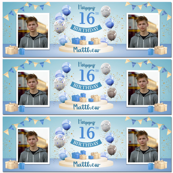 Personalised Party Banner For 16th Birthday With Photo Male Blue Balloon Gift