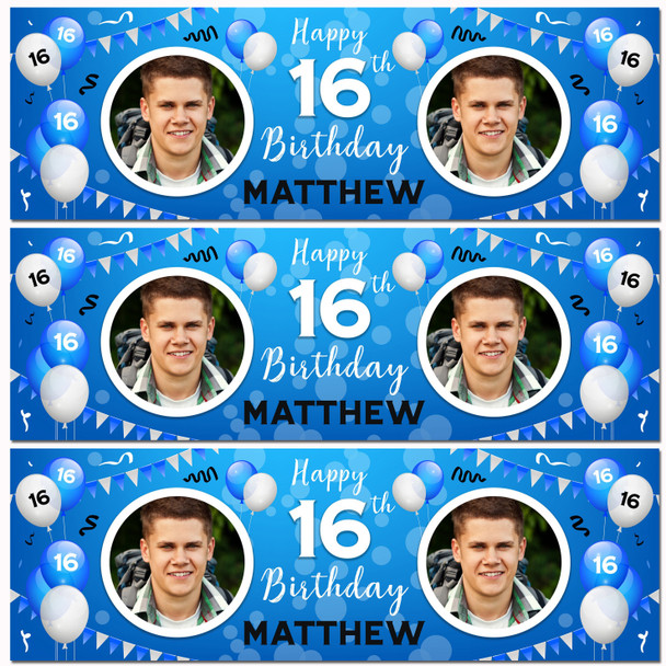 Personalised Party Banner For 16th Birthday With Photo Male Blue Balloons