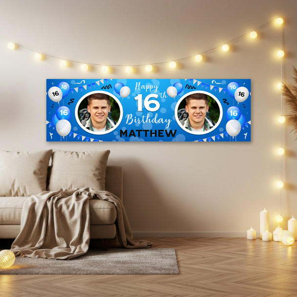 Personalised Party Banner For 16th Birthday With Photo Male Blue Balloons