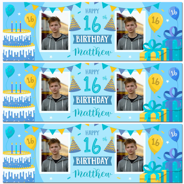 Personalised Party Banner For 16th Birthday With Photo Male Blue Cake Gift Personalised Party Banner For 16th Birthday With Photo Male Blue Cake Gift