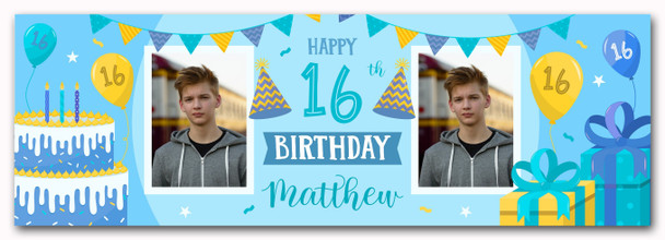 Personalised Party Banner For 16th Birthday With Photo Male Blue Cake Gift Personalised Party Banner For 16th Birthday With Photo Male Blue Cake Gift