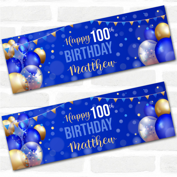 Personalised Party Banner For 100th Birthday Male Blue Gold Balloons