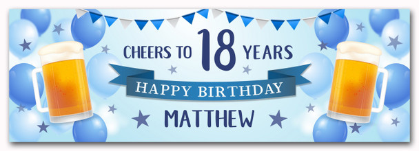 Personalised Party Banner For 18th Birthday Male Beer Blue Balloons